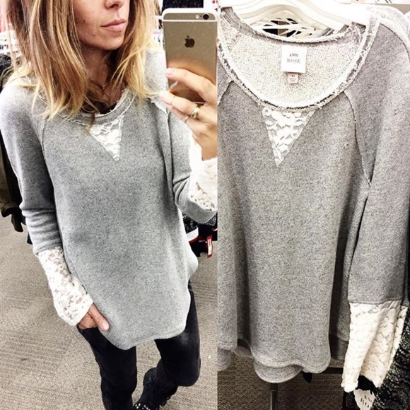 Knox Rose Sweaters - KNOX ROSE Lace Bell Sleeve Floral Gray Top Boho M